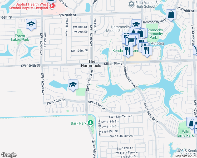 map of restaurants, bars, coffee shops, grocery stores, and more near 15610 Southwest 105th Lane in Miami