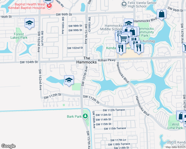 map of restaurants, bars, coffee shops, grocery stores, and more near 15570 Southwest 105th Lane in Miami
