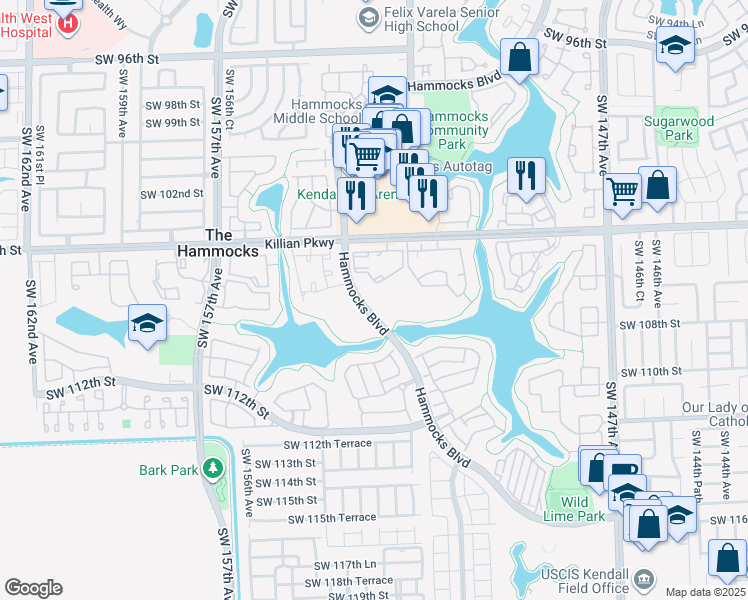 map of restaurants, bars, coffee shops, grocery stores, and more near 10613 Southwest 110th Street in Miami