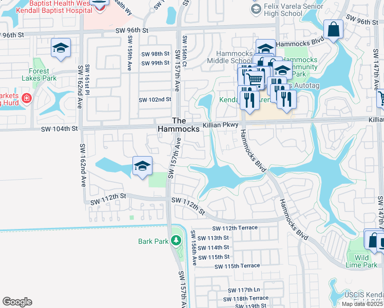 map of restaurants, bars, coffee shops, grocery stores, and more near 15689 Southwest 106th Lane in Miami