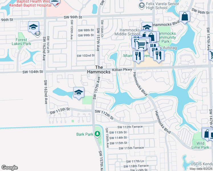 map of restaurants, bars, coffee shops, grocery stores, and more near 15610 Southwest 105th Lane in Miami