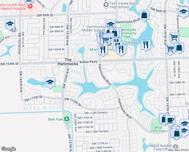 map of restaurants, bars, coffee shops, grocery stores, and more near 10520 Southwest 153rd Court in Miami