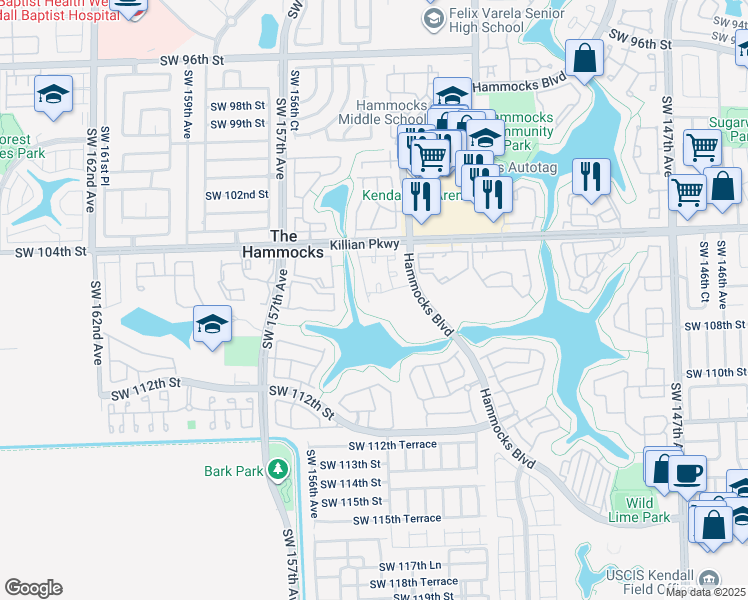 map of restaurants, bars, coffee shops, grocery stores, and more near 10520 Southwest 153rd Court in Miami