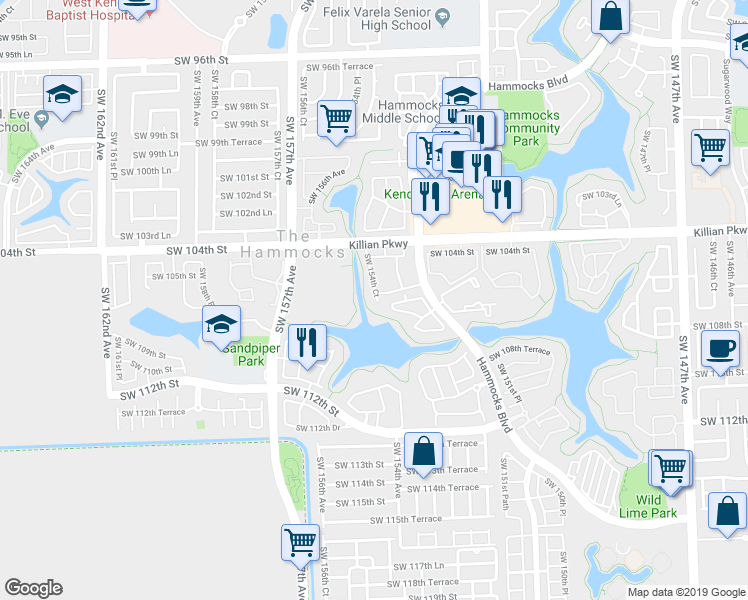 map of restaurants, bars, coffee shops, grocery stores, and more near 10500 Southwest 154th Court in Miami