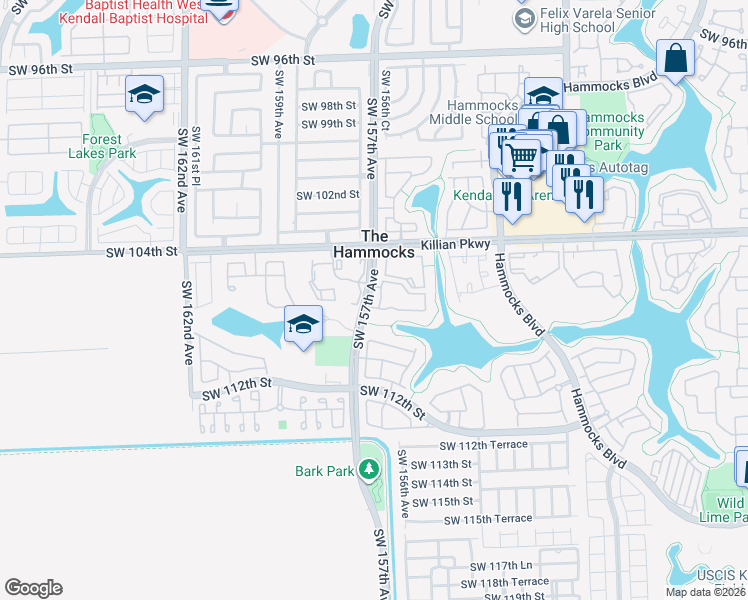 map of restaurants, bars, coffee shops, grocery stores, and more near 105 Southwest 105th Terrace in Miami