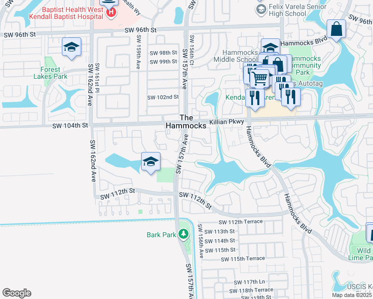 map of restaurants, bars, coffee shops, grocery stores, and more near 105 Southwest 105th Terrace in Miami