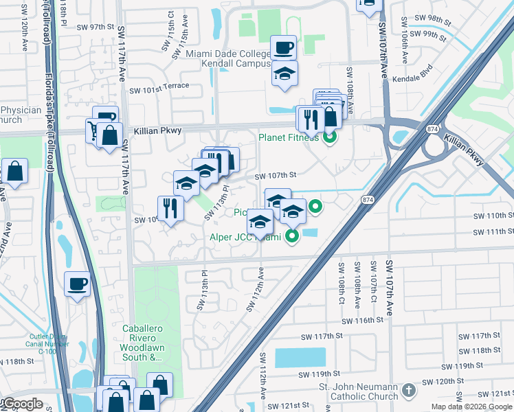 map of restaurants, bars, coffee shops, grocery stores, and more near 10875 Southwest 112th Avenue in Miami