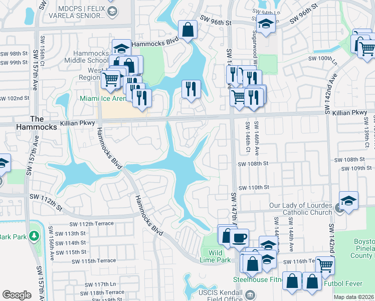 map of restaurants, bars, coffee shops, grocery stores, and more near 10521 Mahogany Key Circle in Miami