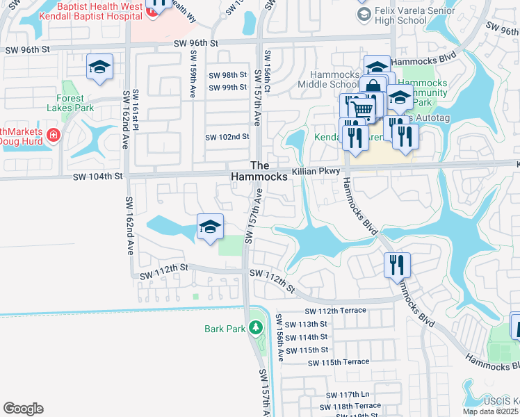map of restaurants, bars, coffee shops, grocery stores, and more near 10670 Southwest 156th Place in Miami
