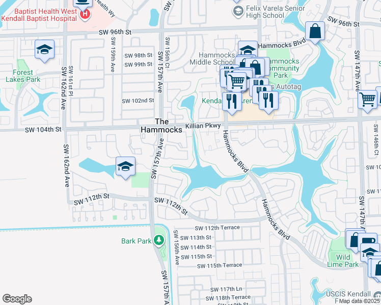 map of restaurants, bars, coffee shops, grocery stores, and more near 10500 Southwest 154th Court in Miami