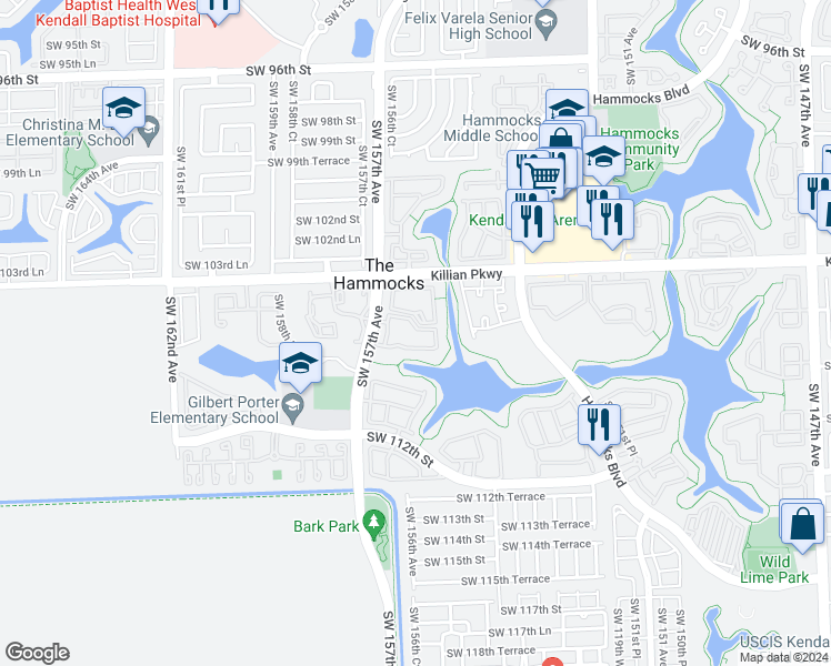 map of restaurants, bars, coffee shops, grocery stores, and more near 15610 Southwest 105th Lane in Miami