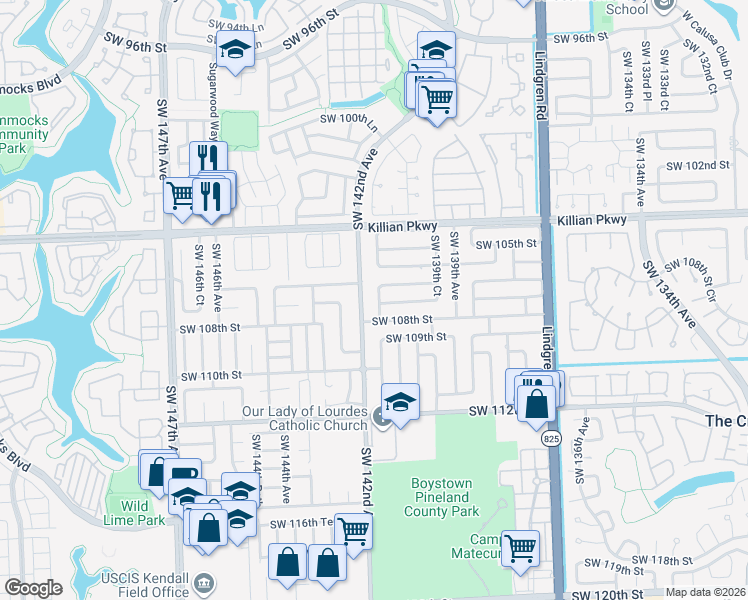 map of restaurants, bars, coffee shops, grocery stores, and more near 10701 Southwest 142nd Avenue in Miami