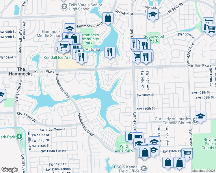 map of restaurants, bars, coffee shops, grocery stores, and more near 10521 Mahogany Key Circle in Miami