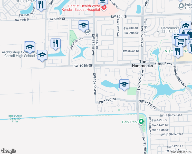 map of restaurants, bars, coffee shops, grocery stores, and more near 10574 Southwest 161st Place in Miami