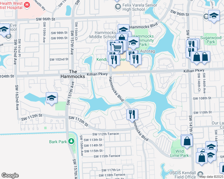 map of restaurants, bars, coffee shops, grocery stores, and more near 29 Southwest 106th Terrace in Miami