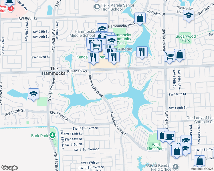 map of restaurants, bars, coffee shops, grocery stores, and more near 10605 Hammocks Boulevard in Miami