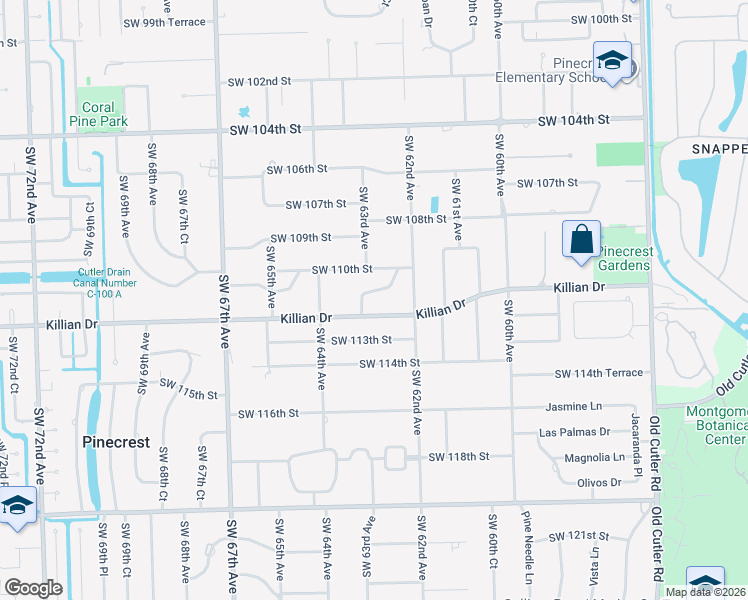 map of restaurants, bars, coffee shops, grocery stores, and more near 11100 Killian Park Road in Miami