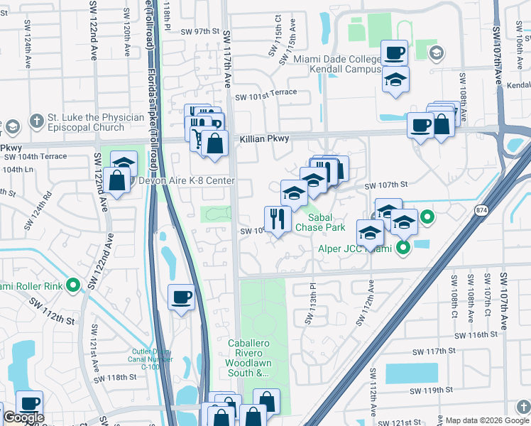 map of restaurants, bars, coffee shops, grocery stores, and more near 11535 Southwest 109th Road in Miami