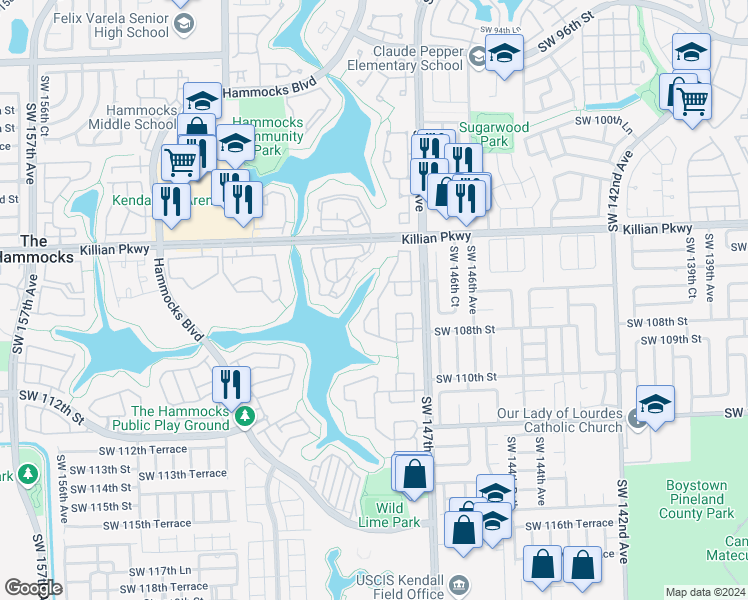 map of restaurants, bars, coffee shops, grocery stores, and more near 10630 Southwest 148th Avenue Drive in Miami
