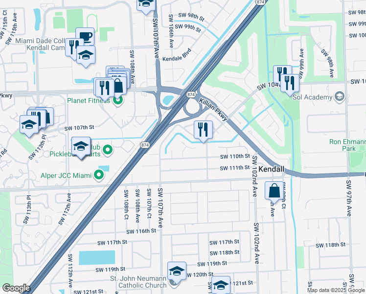 map of restaurants, bars, coffee shops, grocery stores, and more near 10900 Southwest 105th Avenue in Miami