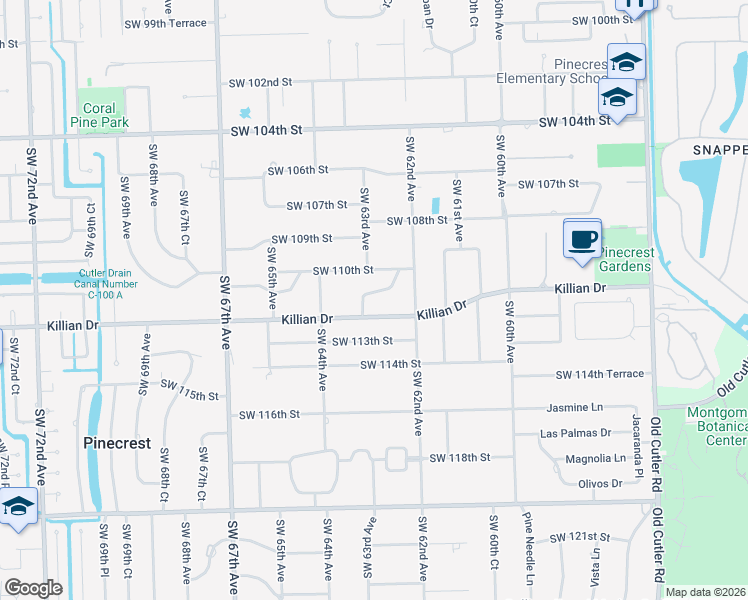 map of restaurants, bars, coffee shops, grocery stores, and more near 11100 Killian Park Road in Miami