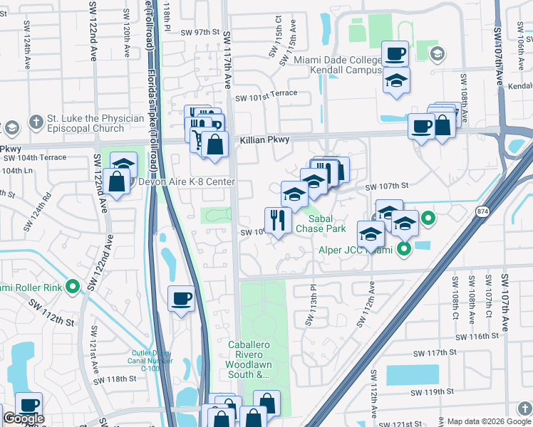 map of restaurants, bars, coffee shops, grocery stores, and more near 11535 Southwest 109th Road in Miami