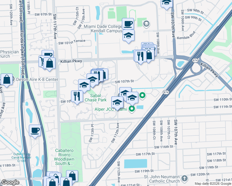 map of restaurants, bars, coffee shops, grocery stores, and more near 10904 Southwest 112th Avenue in Miami
