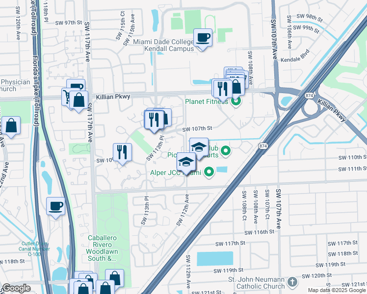 map of restaurants, bars, coffee shops, grocery stores, and more near 10865 Southwest 112th Avenue in Miami