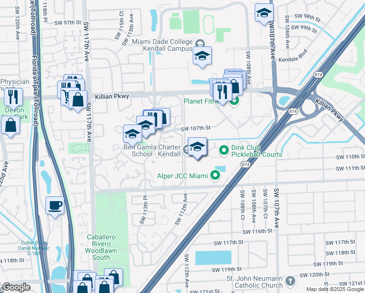 map of restaurants, bars, coffee shops, grocery stores, and more near 10865 Southwest 112th Avenue in Miami