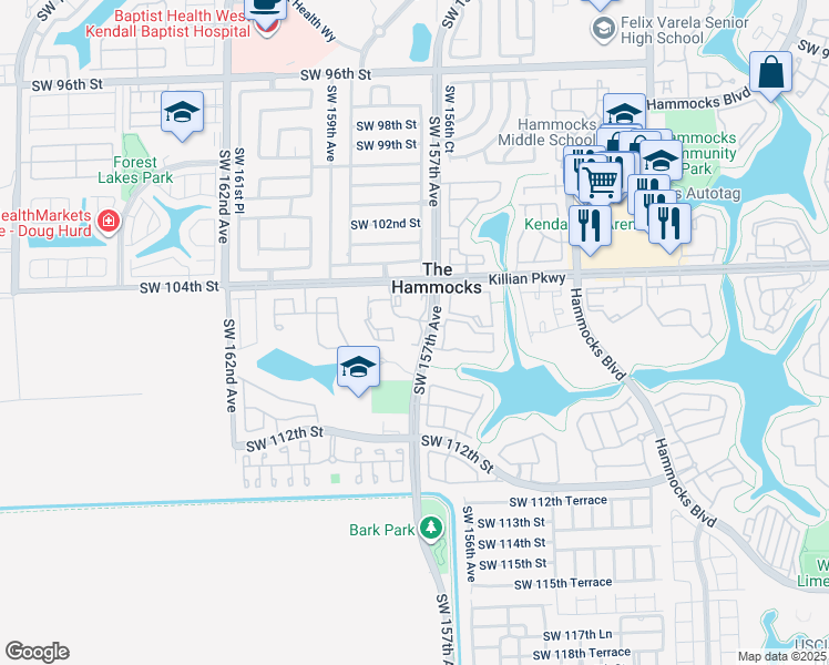 map of restaurants, bars, coffee shops, grocery stores, and more near 105 Southwest 105th Terrace in Miami
