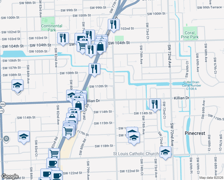 map of restaurants, bars, coffee shops, grocery stores, and more near 11028 Southwest 77th Court Circle in Pinecrest