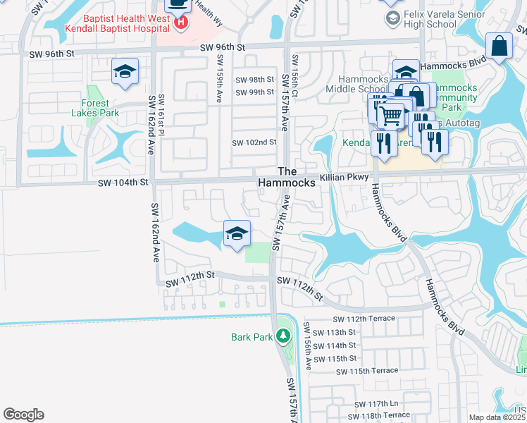 map of restaurants, bars, coffee shops, grocery stores, and more near 10610 Southwest 158th Court in Miami