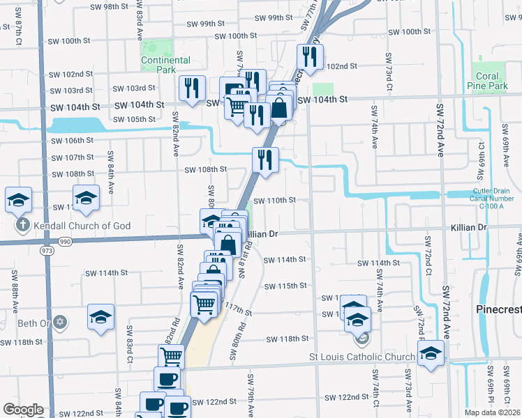 map of restaurants, bars, coffee shops, grocery stores, and more near 11030 Southwest 78th Court in Miami