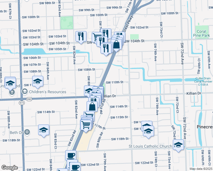 map of restaurants, bars, coffee shops, grocery stores, and more near 11011 Southwest 79th Avenue in Miami