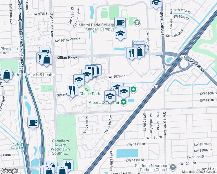 map of restaurants, bars, coffee shops, grocery stores, and more near 10904 Southwest 112th Avenue in Miami