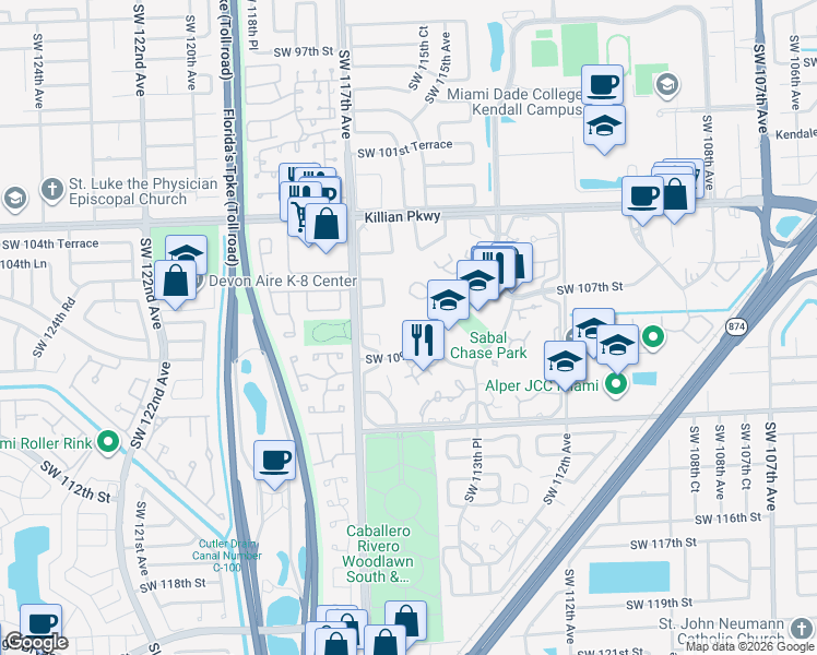 map of restaurants, bars, coffee shops, grocery stores, and more near 11535 Southwest 109th Road in Miami