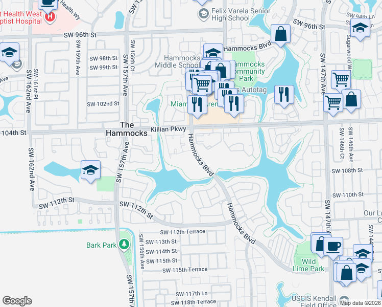 map of restaurants, bars, coffee shops, grocery stores, and more near 29 Southwest 106th Terrace in Miami