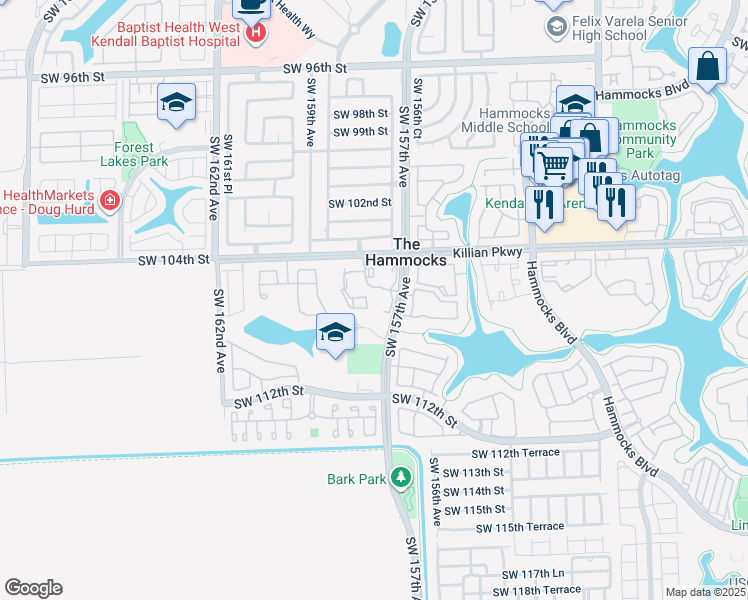map of restaurants, bars, coffee shops, grocery stores, and more near 10610 Southwest 158th Court in Miami
