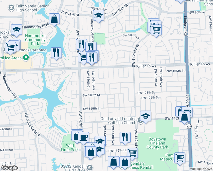map of restaurants, bars, coffee shops, grocery stores, and more near 10623 Southwest 145th Avenue in Miami