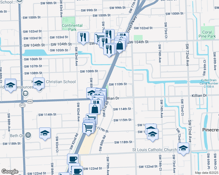 map of restaurants, bars, coffee shops, grocery stores, and more near 11011 Southwest 79th Avenue in Miami