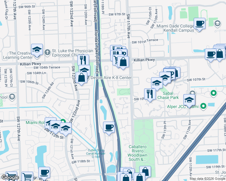 map of restaurants, bars, coffee shops, grocery stores, and more near 11811 Southwest 108th Terrace in Miami