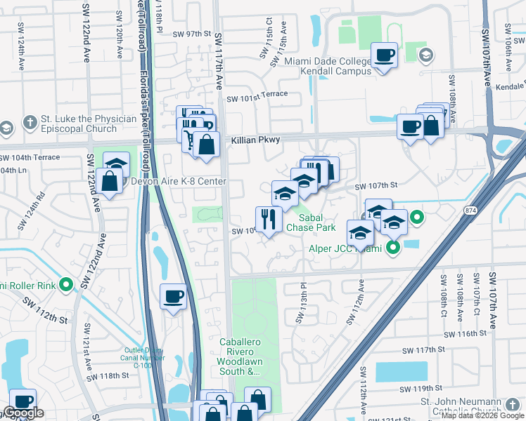 map of restaurants, bars, coffee shops, grocery stores, and more near 11535 Southwest 109th Road in Miami