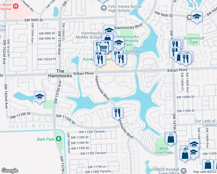 map of restaurants, bars, coffee shops, grocery stores, and more near 10613 Southwest 110th Street in Miami