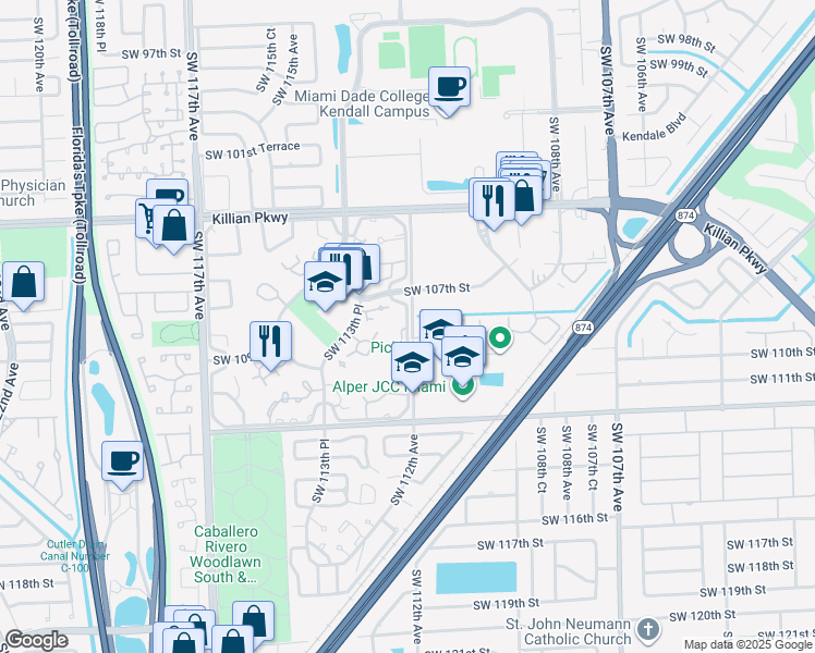 map of restaurants, bars, coffee shops, grocery stores, and more near 10904 Southwest 112th Avenue in Miami