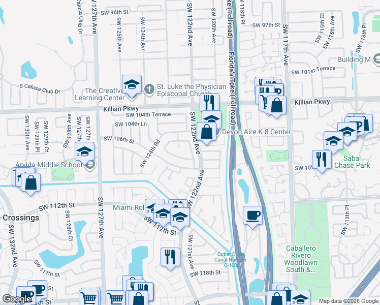 map of restaurants, bars, coffee shops, grocery stores, and more near 10540 Southwest 122nd Court in Miami