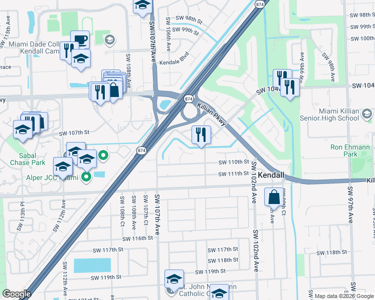 map of restaurants, bars, coffee shops, grocery stores, and more near 10900 Southwest 105th Avenue in Miami