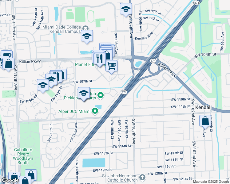 map of restaurants, bars, coffee shops, grocery stores, and more near 10875 Southwest 112nd Avenue in Miami