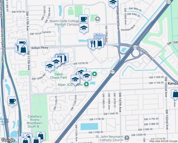 map of restaurants, bars, coffee shops, grocery stores, and more near 10825 Southwest 112th Avenue in Miami