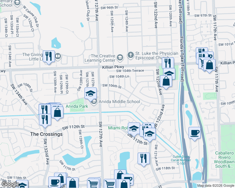 map of restaurants, bars, coffee shops, grocery stores, and more near 12441 Southwest 106th Terrace in Miami