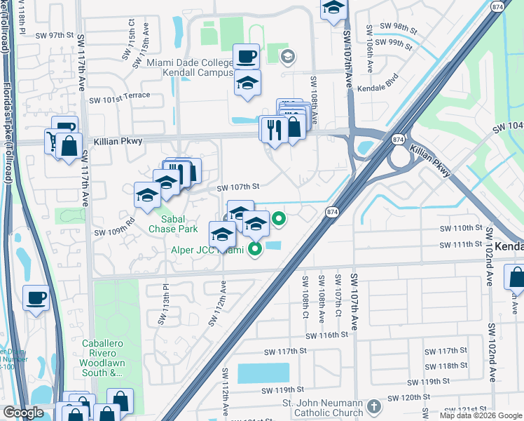 map of restaurants, bars, coffee shops, grocery stores, and more near 10825 Southwest 112th Avenue in Miami